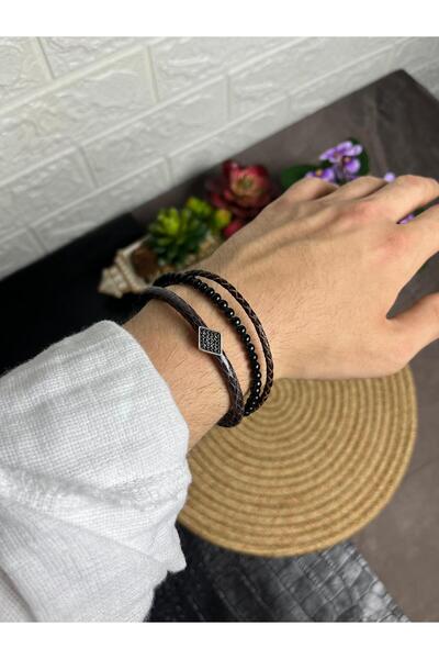 WAKHA Genuine Snake Skin Men's Bracelet with Black Stone Detail, Multi-Layere...
