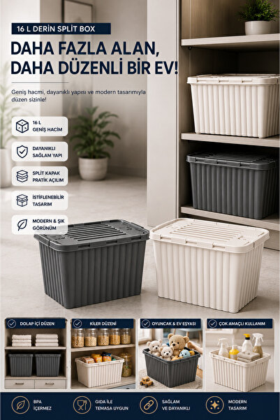 Virela Home 16 L Derin Split Box Çift Kapaklı Saklama Kutusu Çok Amaçlı Düzen...
