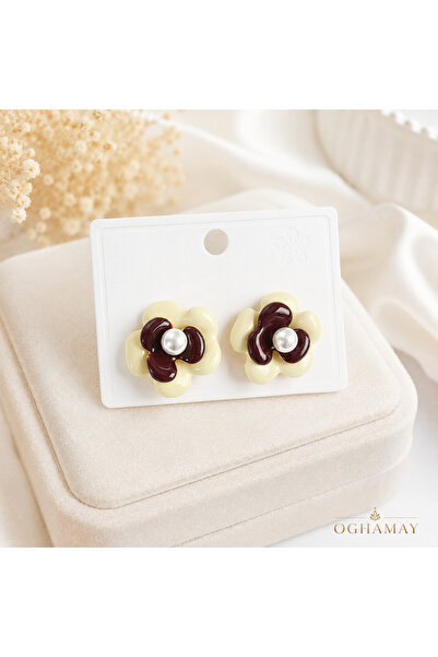 OGHAMAY Women's Pearl Detailed Cream Brown Daisy Model Earrings Stylish Flowe...