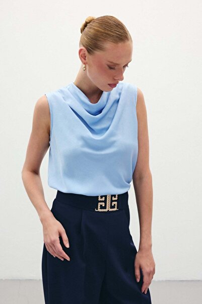 CKM MODA بلوزة ساردي ديجاجي ياكا من الساتان باللون الأزرق