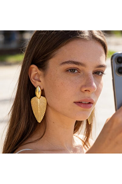 1PARÇAMAVİ Hole-Free Pinch Clip Women's Earrings-Authentic Leaf Earrings