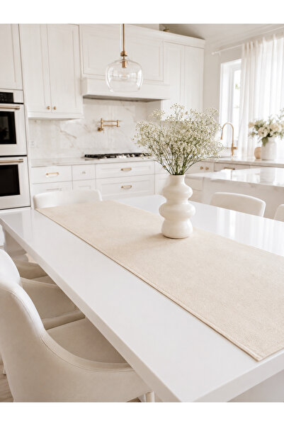 linea natura home Düz Sade Krem Keten Bohem Vintage Runner
