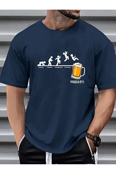 JENOLAN Tricou cu imprimeu Friday Beer pentru bărbați Oversize Loose Boyfirend