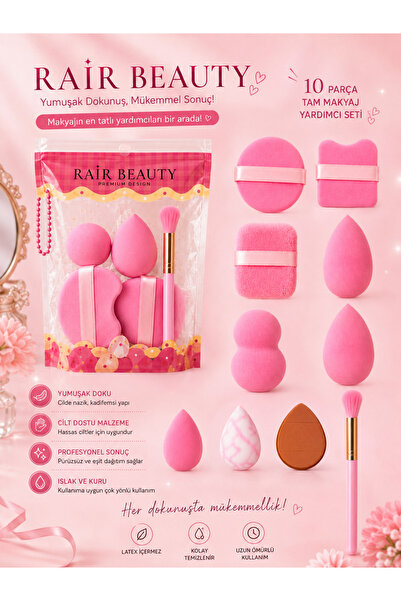 RAİR BEAUTY Profesyonel 10 Parça Makyaj Fırçası ve Sünger Seti Pembe