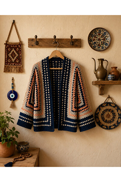 Handmade El Örgüsü Altıgen Motifli Bohem Hırka – Vintage Granny Square Kadın ...