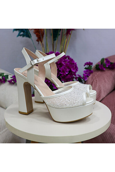 favorimo White Glittery Glitter Detailed Platform Heeled Bridal and Evening D...