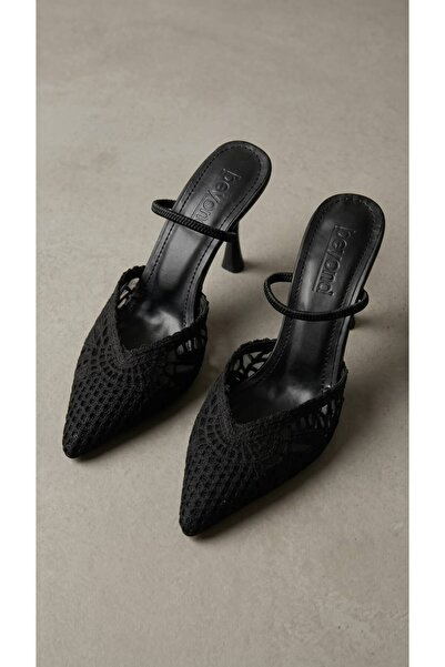 Beyond Women's Black Knitwear Strappy Pointed Toe Evening Dress Shoes 8.5cm B...