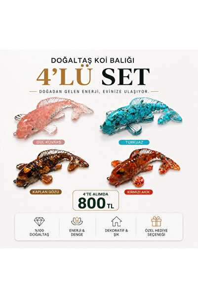 Agatella Tasarım Doğaltaş Koi Balığı 4’lü Set Epoksi Dekoratif Biblo – Gül Ku...