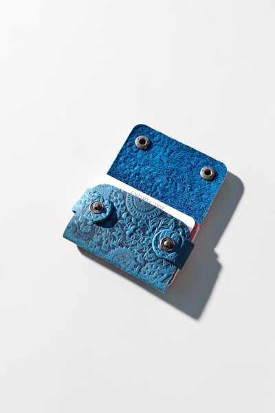 MAT Deri Blue Leather Card Holder Small Size Shawl Patterned Gift Card Holder for Men and Women