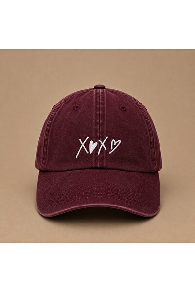 WeavedCo X<3X<3 Xoxo Embroidered Burgundy Vintage Washed Cap Hat