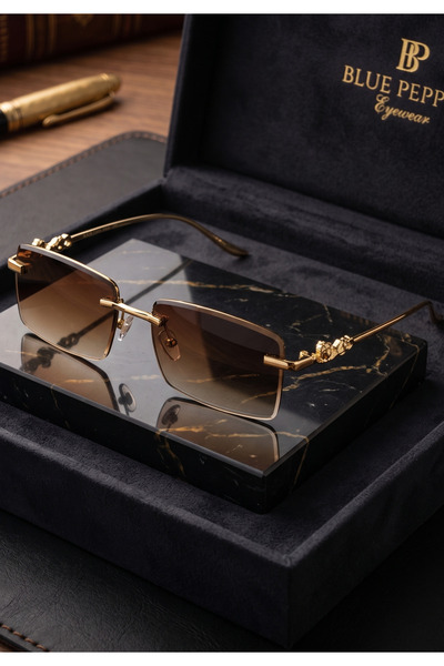 BluePepper Poster |   Rectangular Glass Frameless Sunglasses with Lion Detail...