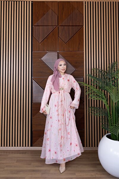 MVK MAVEKA COLLECTİON Bolero Tokalı Çiçek Desen Şifon Elbise