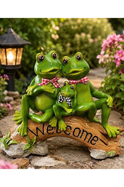 NurMood Art Decoration Sevimli Kurbağa Ailesi Bahçe Dekoru – Welcome Yazılı D...