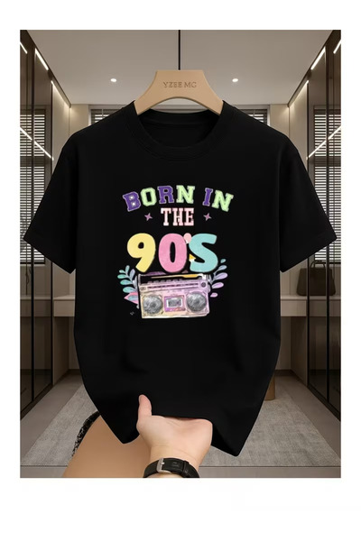 Massgai Tricou unisex cu imprimeu Born In The 90s, supradimensionat, 100% bumbac