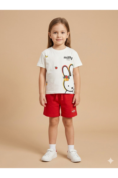 moda rüyası Miffy Printed Girls' Shorts Set White T-Shirt Red Shorts 2-8 Year...