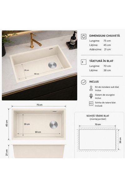 Radinavico Chiuvetă de Bucătărie Premium, Monocuvă, Montaj sub Blat sau pe Blat, 75x45x21 cm