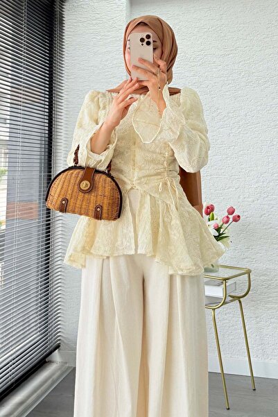 MELEK ARAZ Vintage Dantel Dokulu İthal Coton Bluz - Bej