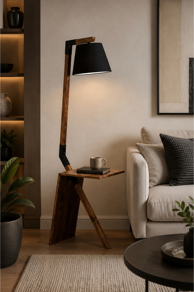 Lambazade Brown Black Siyah Şapkalı Ahşap Sehpalı Lambader
