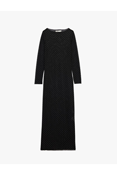 Koton Long Sleeve Crew Neck Glittering Stone Detailed Long Tulle Pencil Dress