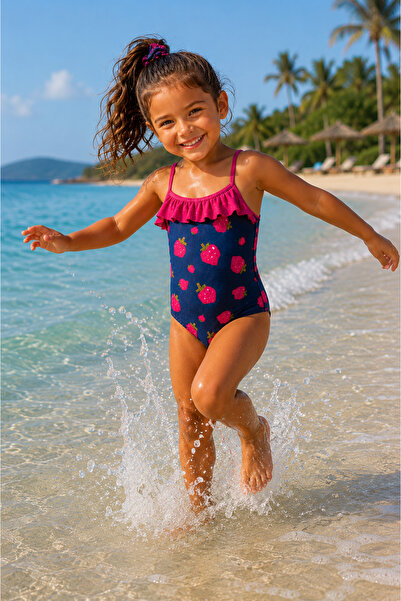 RUKİYE YAVUZ Pamuk Pazen Girls' Pink Tie-Dye Patterned Ruffle Swimsuit Uv Pro...