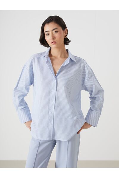 LC Waikiki Lcw Vision Navy Blue Striped Oversize Oxford Women's Shirt