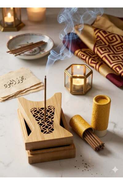 TOHFA Natural Wood Incense Burner with Heritage Engravings and 12 Luxury Oud ...
