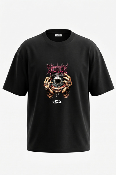 Anetos Tricou oversize negru din bumbac cu imprimeu pe spate cu design Horror...