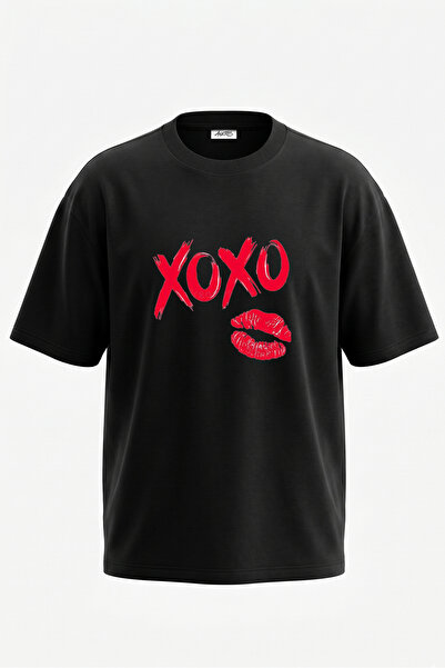 Anetos Tricou oversize negru din bumbac cu imprimeu pe spate XOXO Kiss Mark D...