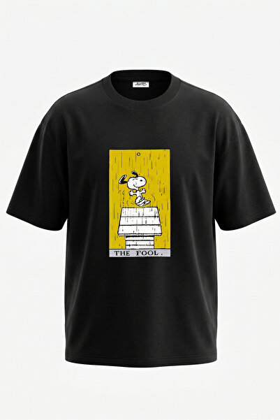 Anetos Tricou oversize negru din bumbac cu imprimeu pe spate Snoopy Fool Design