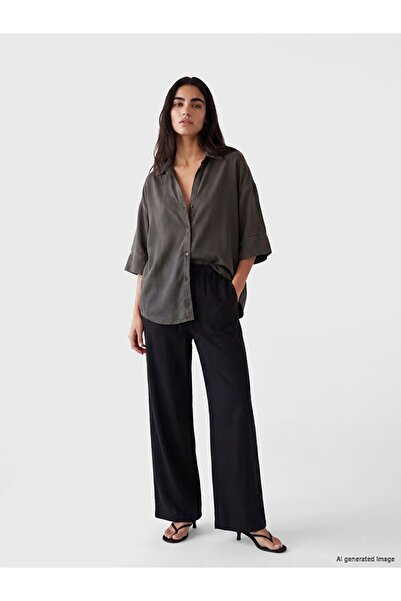 LC Waikiki Lcw Vision Black Elastic Waist Linen Blend Women's Trousers