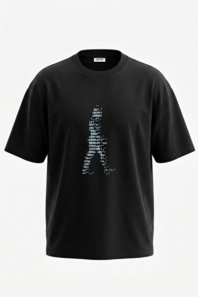 Anetos Tricou oversize negru din bumbac cu imprimeu Matrix Code Design pe spate