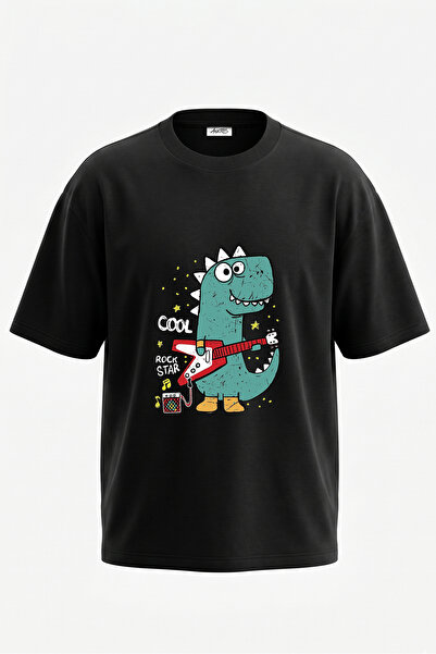 Anetos Tricou oversize negru din bumbac cu imprimeu pe spate Dino Rockstar De...