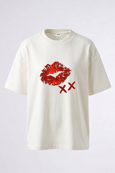 Anetos Tricou oversize alb din bumbac cu imprimeu pe spate Lip Print XX Design