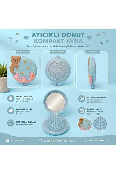 PeriMila Ayıcıklı Donut Tasarımlı Katlanabilir Aynalı Cep Tarağı Mini Saç Fır...