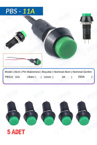 FANO (5 Adet)12mm 250V 3A Yeşil Basmalı PBS-11B Kendiliğinden Kilitlenmeyen A...