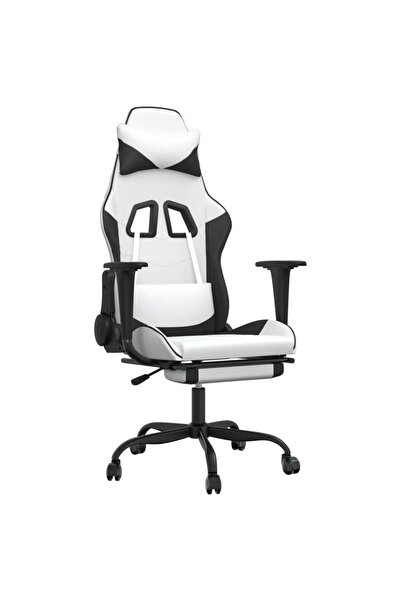 vidaxl Scaun de gaming cu suport picioare, alb/negru, piele ecologică