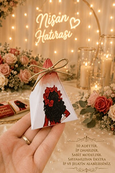 Emtory Home Hediye Kutusu 10 Adet Gold İpli Red Bride Piramit Kutu - Kına Hed...