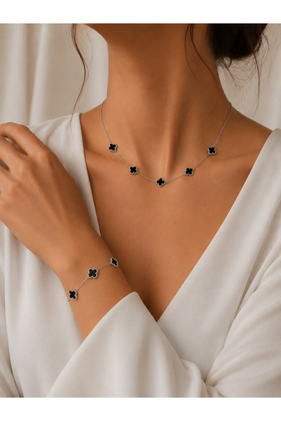 Nutly Accessories Kadın Yonca Model Kolye Bileklik Seti Siyah Çelik Takı Seti...
