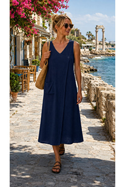 Hale Shop Keten Elbise Helen-LACİVERT