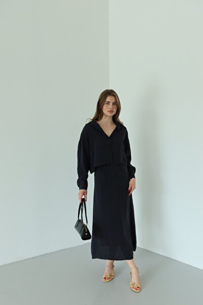 My Blog Black Crop Shirt Long Modal Dress Set - El51153