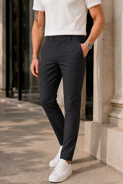 Ser Joven Men's Anthracite Slim Fit Lycra Side Pocket Ankle Length Plain Fabr...