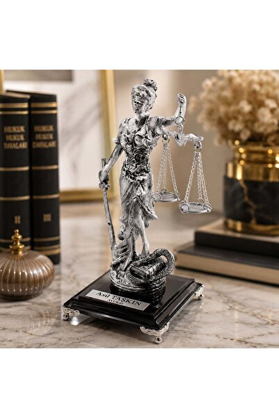 Bk Gift Gümüş Renk Adalet Heykeli 16 cm Kişiye Özel Avukat Masa Üstü Biblo