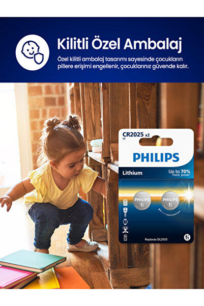Philips CR2025 3V Lityum Düğme Pil,saat ve Kumanda Pili - DL2025 Muadili - CR2025P2/01B -2'li Paket