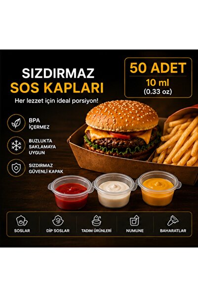 Akay Pack 50 Adet, 10 ml (0.33 oz) Sızdırmaz Kapaklı Sos Kabı | BPA Free PP M...