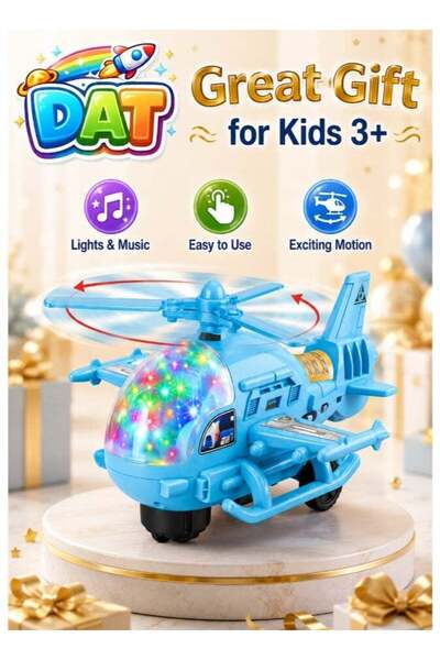 DAT Bump and Go Helicopter with LED Lights & Music, Battery-Operated Toy Airc...