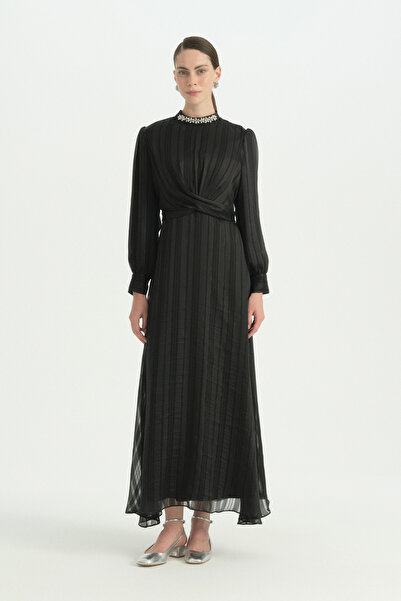 Nihan Kuşağı Cross-Tie Dress with Stone Accessories - Black