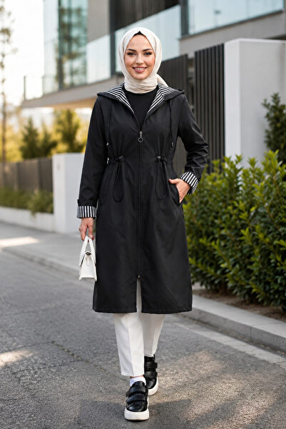 Hb Harma Time Butik Women's Hooded Zippered Medium Length Bondit Fabric Black...