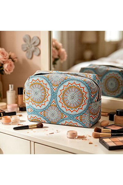 idei Geantă Cosmetică Octogonală PU cu Imprimeu Mandala Etnic Multicolor, Hus...