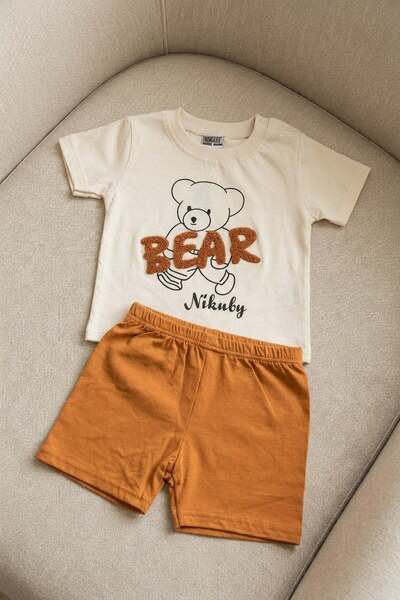 dinamik çocuk Baby boy bear print bear bouclé embroidered shorts 2-piece summ...