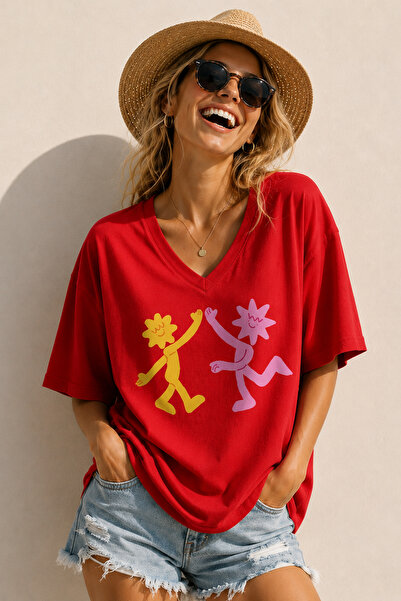 ArtYus Flower Characters Checkered Printed Unisex V-Neck Oversize T-Shirt – F...